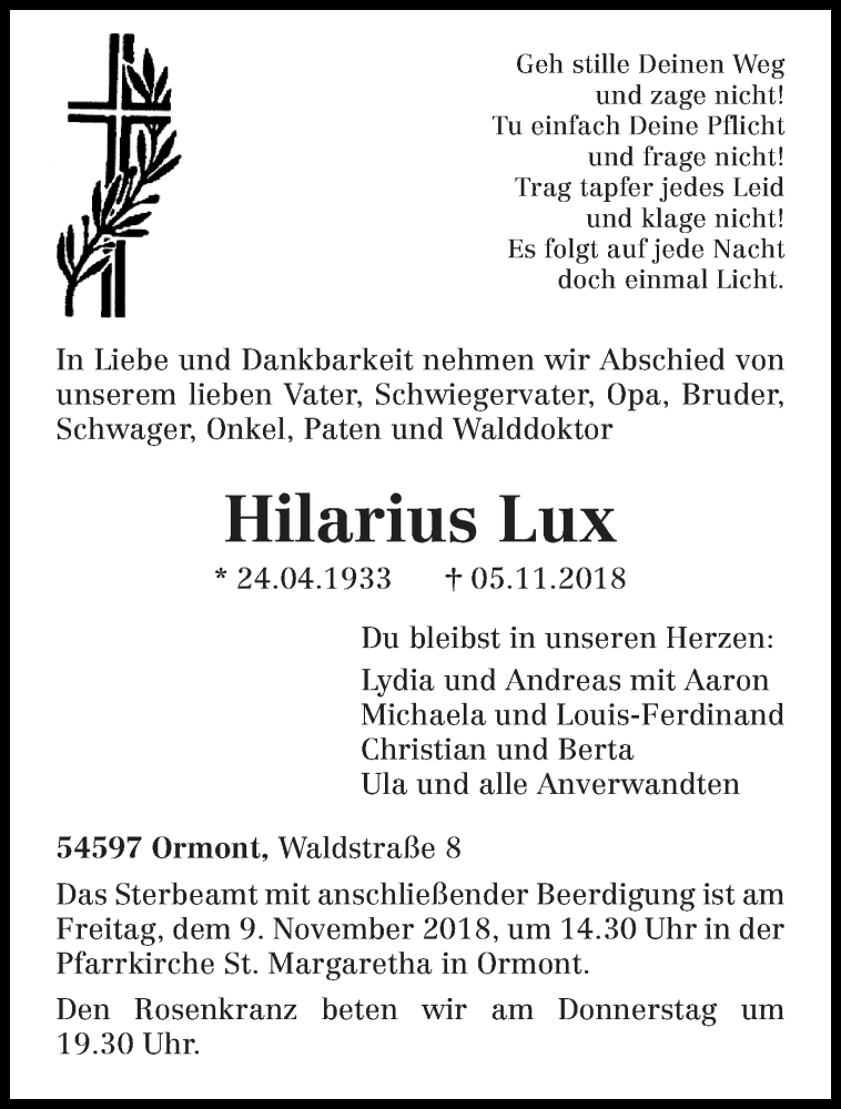  Traueranzeige für Hilarius Lux vom 07.11.2018 aus trierischer_volksfreund