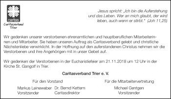 Traueranzeige von In Gedenken  Caritas Trier von trierischer_volksfreund