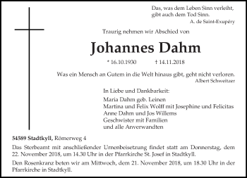 Traueranzeige von Johannes Dahm von trierischer_volksfreund