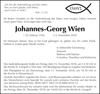 Traueranzeige von Johannes-Georg Wien von trierischer_volksfreund