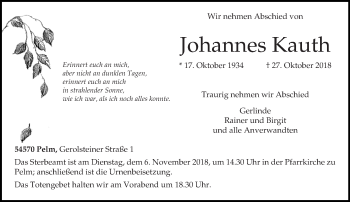 Traueranzeige von Johannes Kauth von trierischer_volksfreund