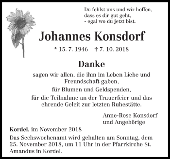 Traueranzeige von Johannes Konsdorf von trierischer_volksfreund