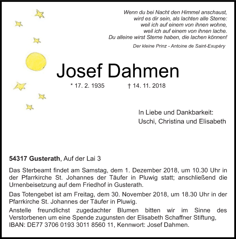  Traueranzeige für Josef Dahmen vom 17.11.2018 aus trierischer_volksfreund