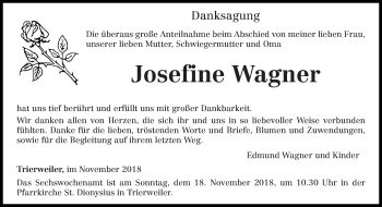 Traueranzeige von Josefine Wagner von trierischer_volksfreund