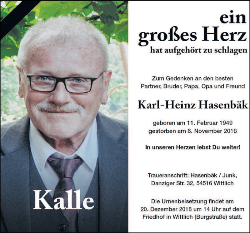  Traueranzeige für Karl-Heinz Hasenbäk vom 15.11.2018 aus trierischer_volksfreund