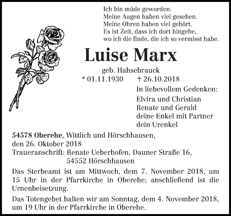 Traueranzeige für Luise Marx vom 02.11.2018 aus trierischer_volksfreund