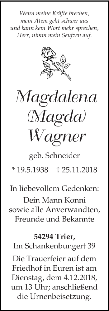 Traueranzeige von Magdalena Wagner von trierischer_volksfreund