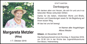 Traueranzeige von Margareta Metzler von trierischer_volksfreund