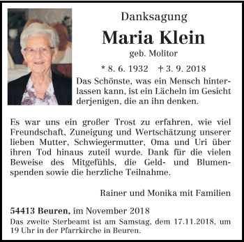 Traueranzeige von Maria Klein von trierischer_volksfreund