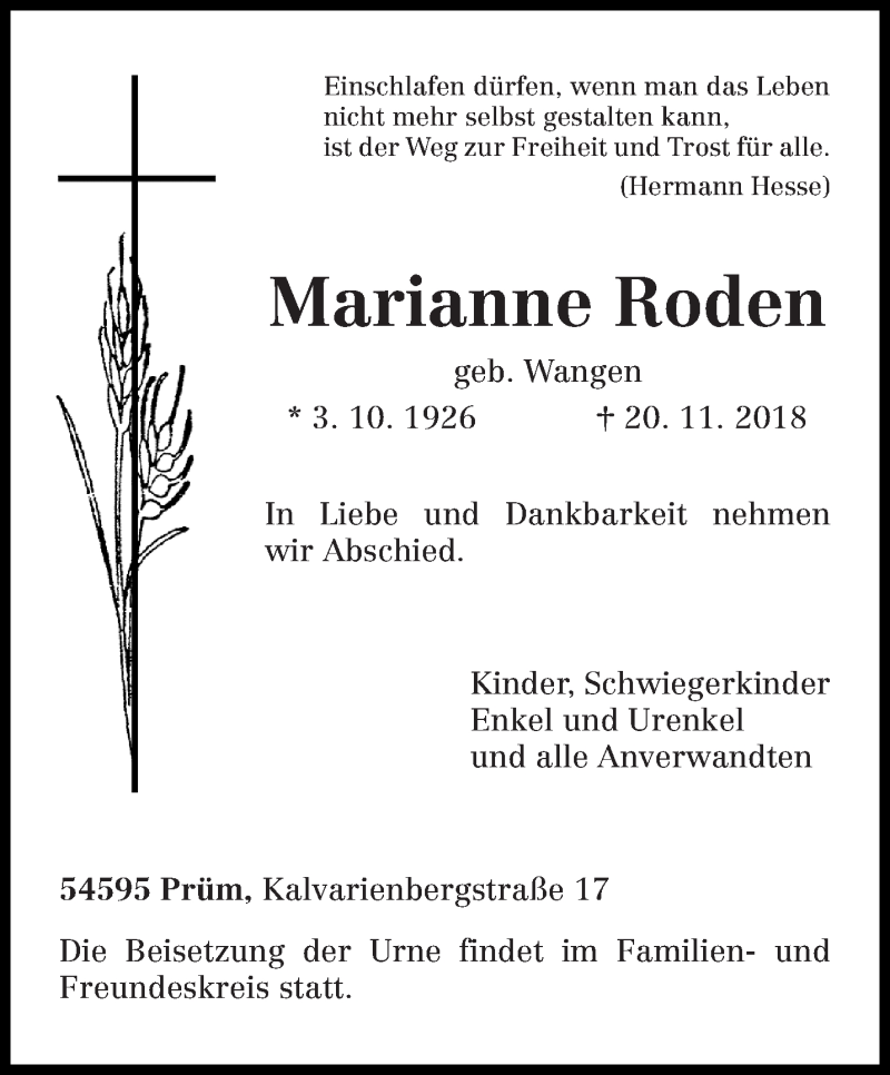  Traueranzeige für Marianne Roden vom 29.11.2018 aus trierischer_volksfreund