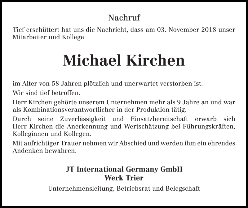  Traueranzeige für Michael Kirchen vom 06.11.2018 aus trierischer_volksfreund