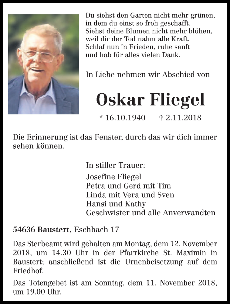  Traueranzeige für Oskar Fliegel vom 06.11.2018 aus trierischer_volksfreund