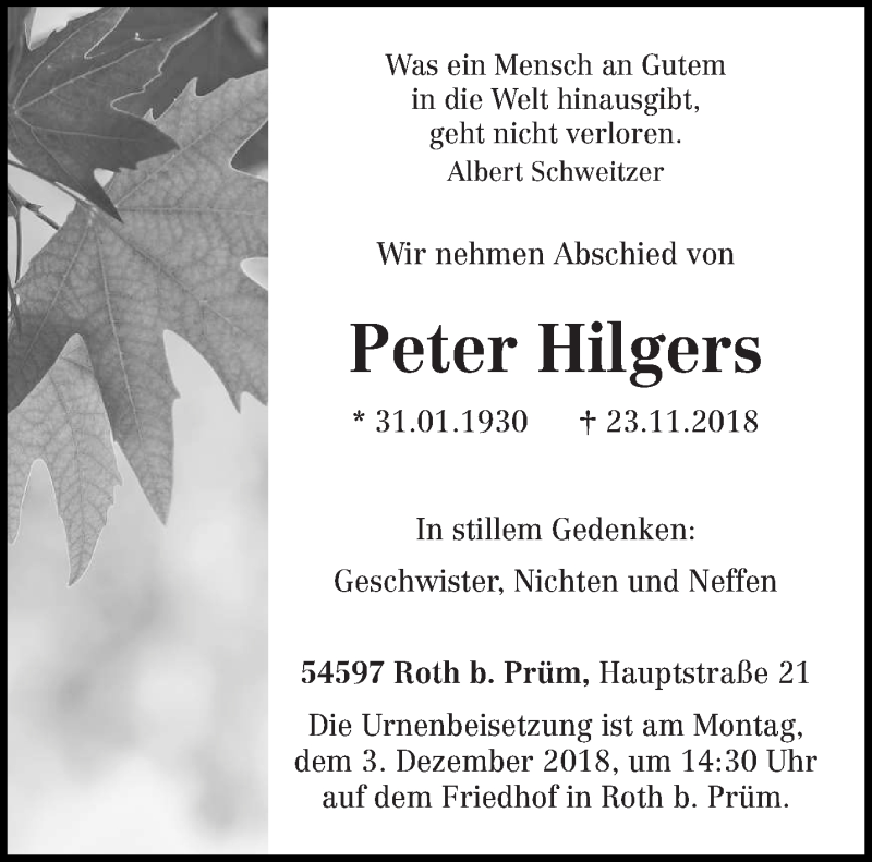  Traueranzeige für Peter Hilgers vom 28.11.2018 aus trierischer_volksfreund
