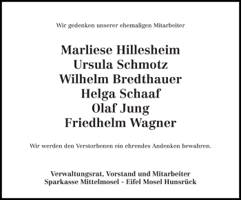 Traueranzeige von Wir gedenken Sparkasse Mittelmosel - Eifel Mosel Hunsrück von trierischer_volksfreund
