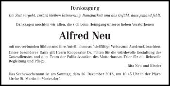 Traueranzeige von Alfred Neu von trierischer_volksfreund