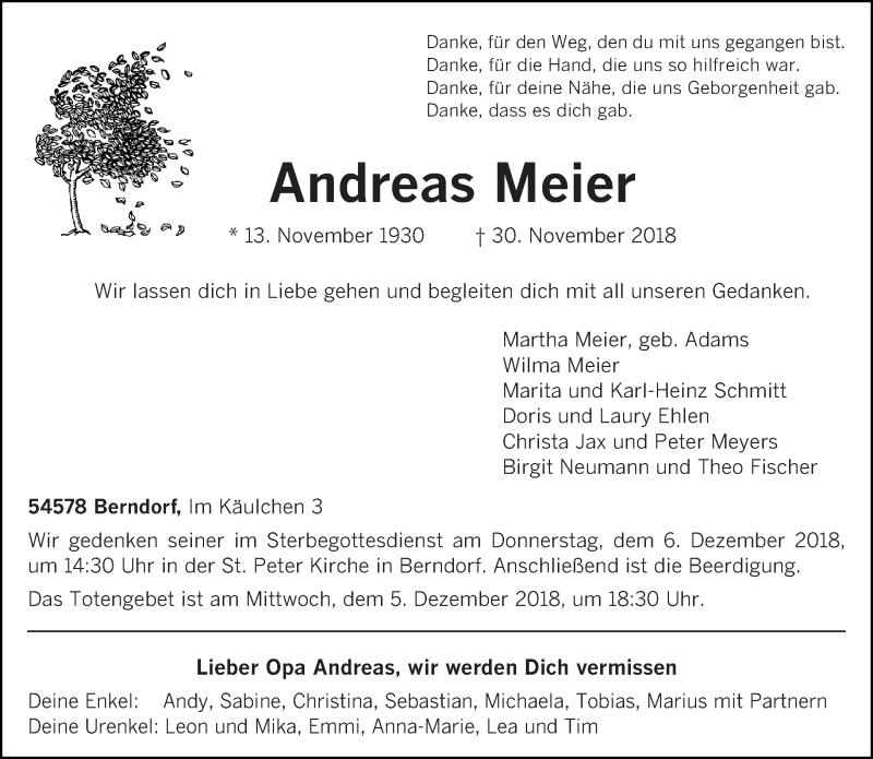  Traueranzeige für Andreas Meier vom 04.12.2018 aus trierischer_volksfreund