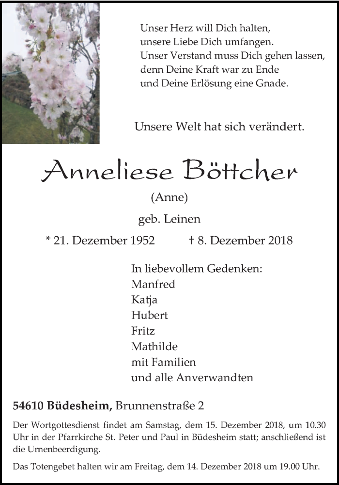  Traueranzeige für Anneliese Böttcher vom 12.12.2018 aus trierischer_volksfreund