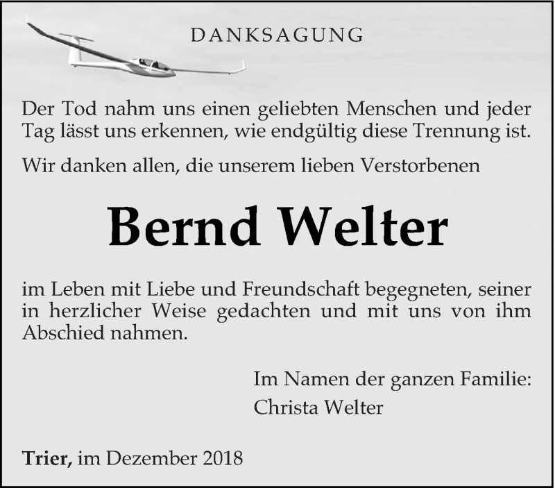  Traueranzeige für Bernd Welter vom 08.12.2018 aus trierischer_volksfreund