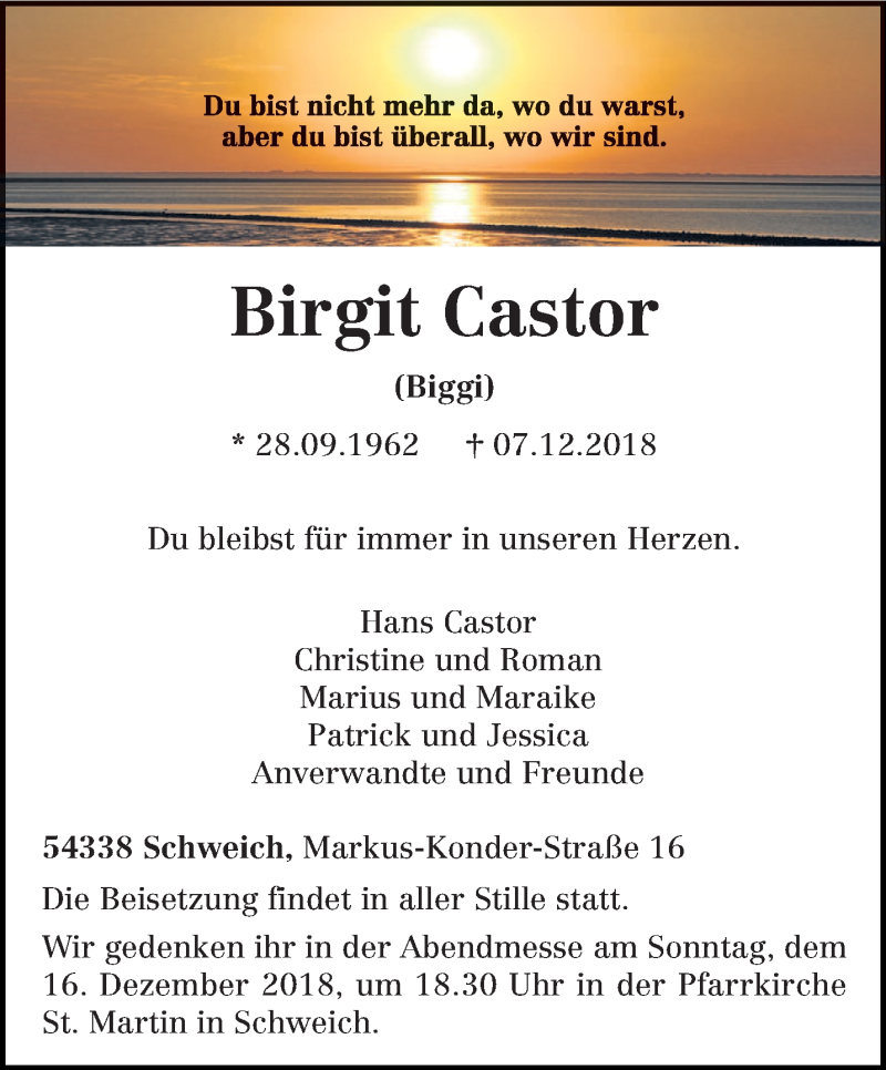  Traueranzeige für Birgit Castor vom 12.12.2018 aus trierischer_volksfreund