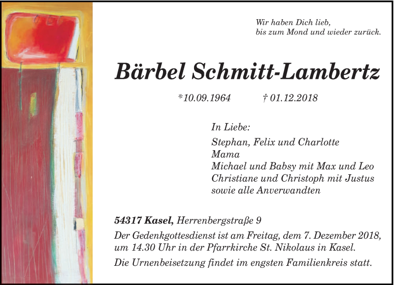  Traueranzeige für Bärbel Schmitt-Lambertz vom 05.12.2018 aus trierischer_volksfreund