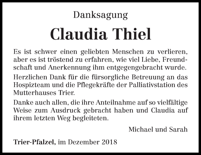  Traueranzeige für Claudia Thiel vom 15.12.2018 aus trierischer_volksfreund