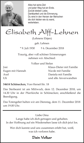 Traueranzeige von Elisabeth Alff-Lehnen von trierischer_volksfreund