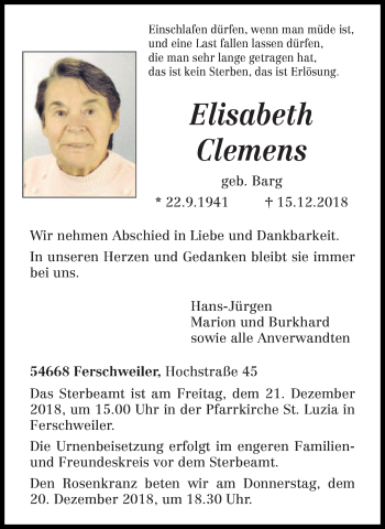 Traueranzeige von Elisabeth Clemens von trierischer_volksfreund