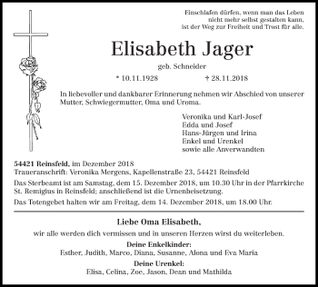 Traueranzeige von Elisabeth Jager von trierischer_volksfreund
