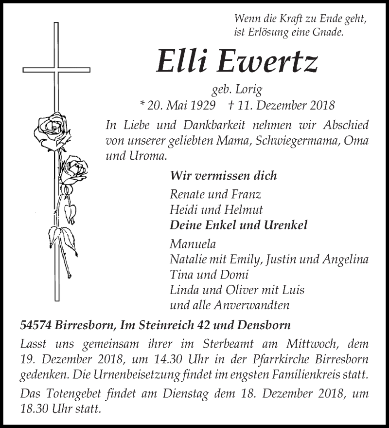 Traueranzeige für Elli Ewertz vom 15.12.2018 aus trierischer_volksfreund
