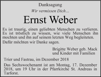 Traueranzeige von Ernst Weber von trierischer_volksfreund