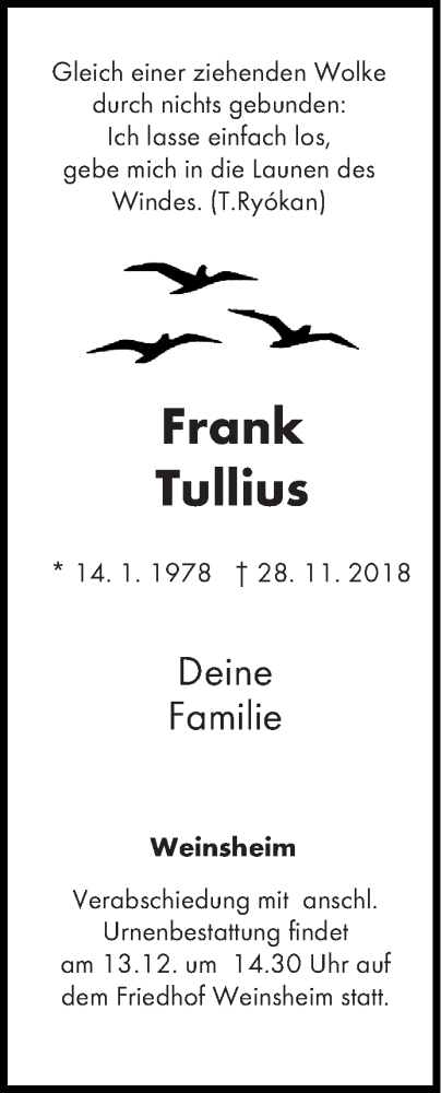  Traueranzeige für Frank Tullius vom 11.12.2018 aus trierischer_volksfreund