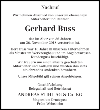 Traueranzeige von Gerhard Buss von trierischer_volksfreund