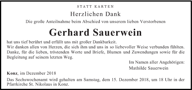  Traueranzeige für Gerhard Sauerwein vom 08.12.2018 aus trierischer_volksfreund