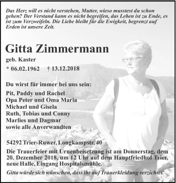 Traueranzeige von Gitta Zimmermann von trierischer_volksfreund