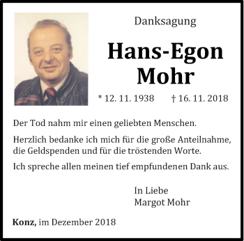 Traueranzeige von Hans-Egon Mohr von trierischer_volksfreund