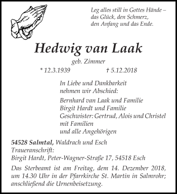 Traueranzeige von Hedwig van Laak von trierischer_volksfreund