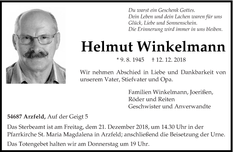  Traueranzeige für Helmut Winkelmann vom 15.12.2018 aus trierischer_volksfreund