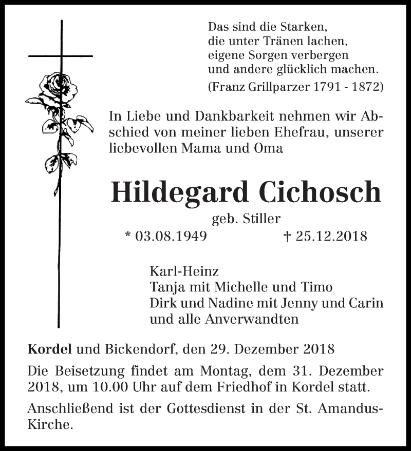  Traueranzeige für Hildegard Cichosch vom 29.12.2018 aus trierischer_volksfreund