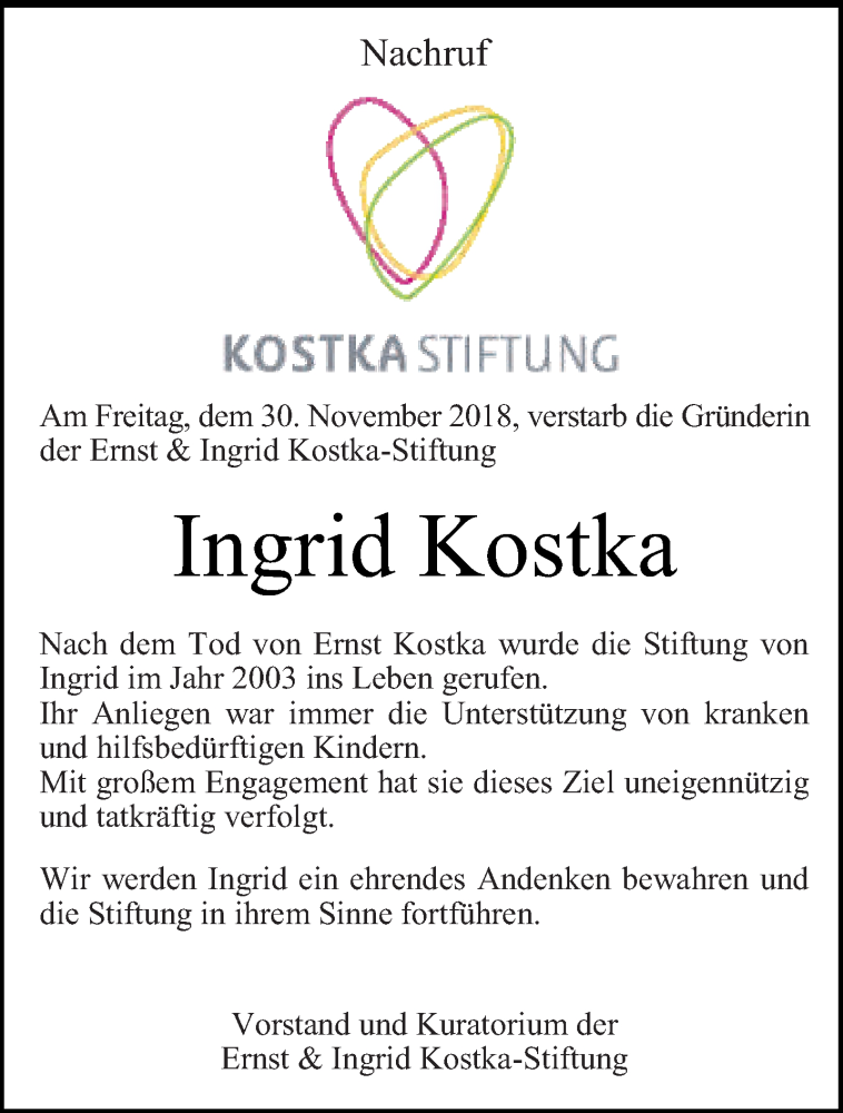  Traueranzeige für Ingrid Kostka vom 04.12.2018 aus trierischer_volksfreund