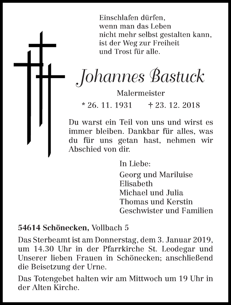  Traueranzeige für Johannes Bastuck vom 28.12.2018 aus trierischer_volksfreund