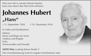 Traueranzeige von Johannes Hubert von trierischer_volksfreund
