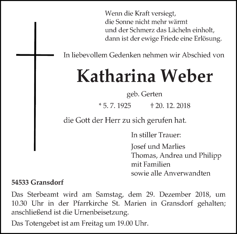  Traueranzeige für Katharina Weber vom 24.12.2018 aus trierischer_volksfreund