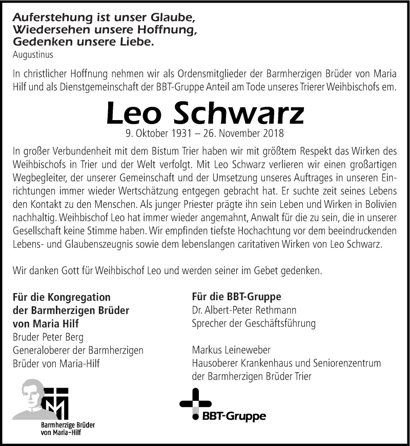  Traueranzeige für Leo Schwarz vom 30.11.2018 aus trierischer_volksfreund