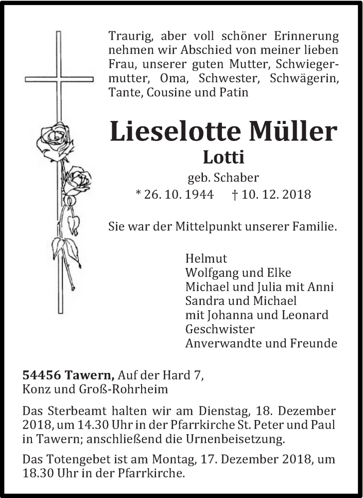  Traueranzeige für Lieselotte Müller vom 14.12.2018 aus trierischer_volksfreund