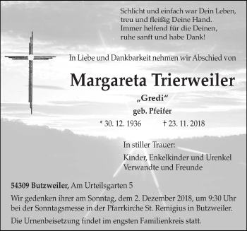 Traueranzeige von Margareta Trierweiler von trierischer_volksfreund