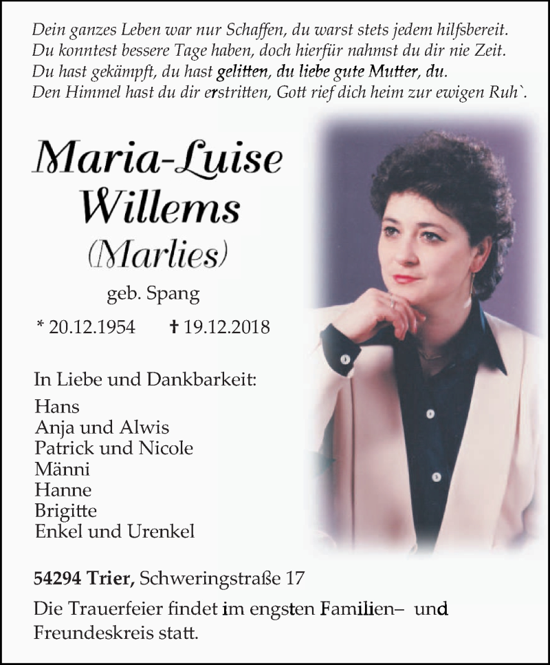  Traueranzeige für Maria-Luise Willems vom 29.12.2018 aus trierischer_volksfreund