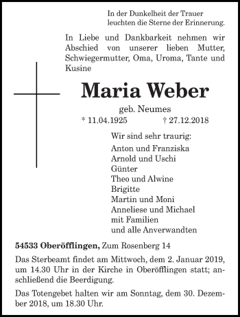 Traueranzeige von Maria Weber von trierischer_volksfreund