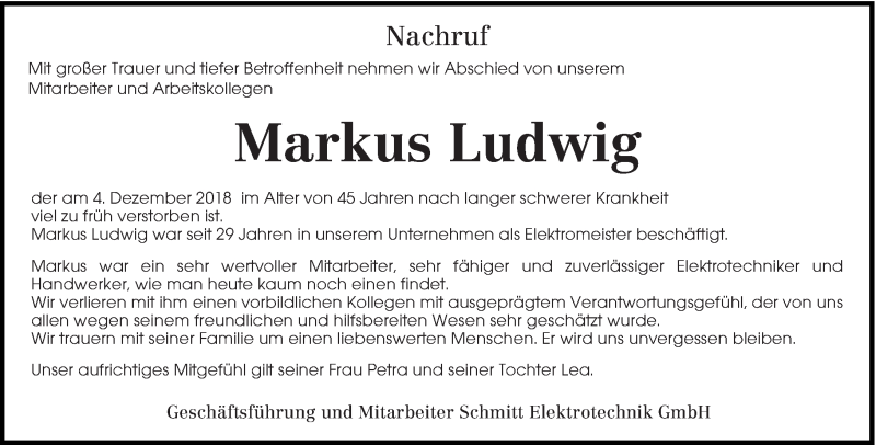  Traueranzeige für Markus Ludwig vom 12.12.2018 aus trierischer_volksfreund
