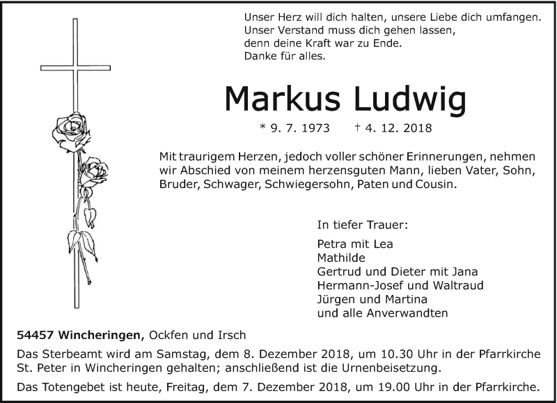 Traueranzeige für Markus Ludwig vom 07.12.2018 aus trierischer_volksfreund