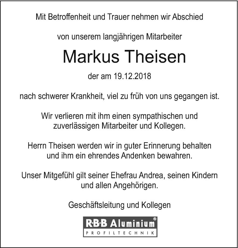  Traueranzeige für Markus Theisen vom 22.12.2018 aus trierischer_volksfreund